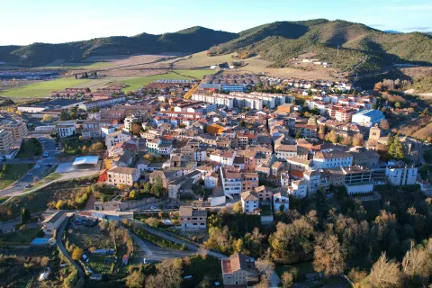 Vista aerea de Aoiz con rio Aragon, casas dispersas en valle rodeado de montes boscosos del prepirineo.