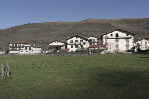 Conjunto de casas de Legasa con montañas de fondo y prados de pastoreo.