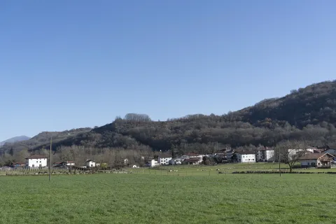 Panorámica de valle de Narbarte con casas dispersas, prados verdes y montañas boscosas.
