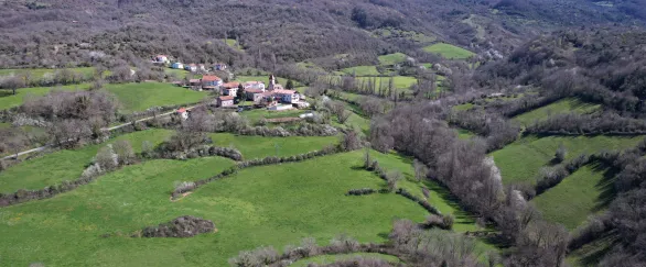 Valle pirenaico de Arce con casas entre bosques de hayas en primavera temprana.