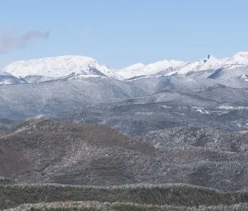 Panorámica invernal del Valle de Roncal con bosque  nevado y cumbres pirenaicas al fondo.
