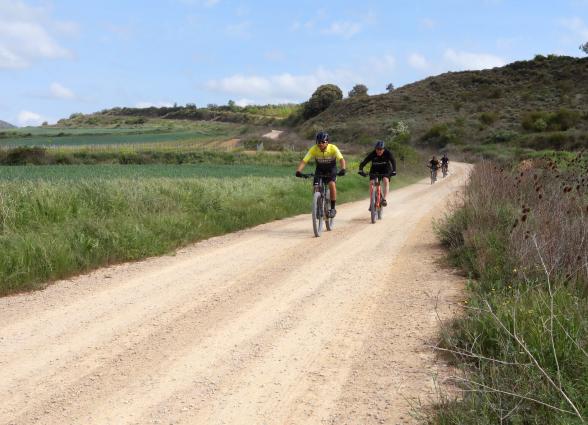 Grupo de ciclistas en ruta de cicloturismo por camino rural en Territorio Eslava, con campos y montes al fondo.