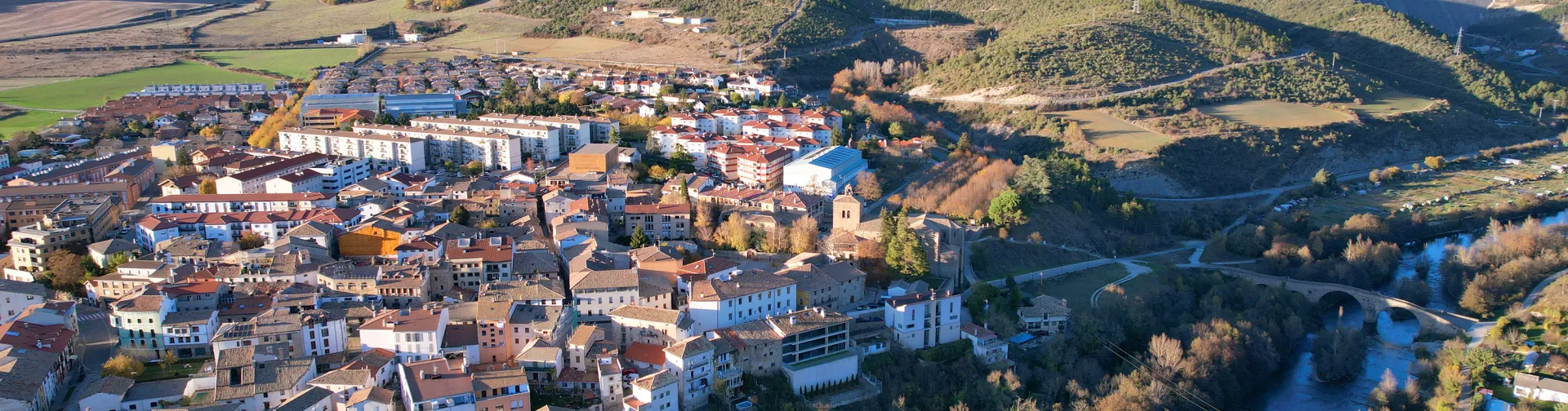 Vista aerea de Aoiz con rio Aragon, casas dispersas en valle rodeado de montes boscosos del prepirineo.