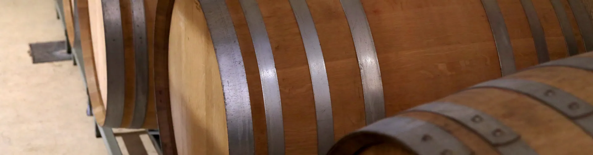 Barriles de madera con aros metalicos en Bodega Eslava, destinados a la elaboracion y envejecimiento de vino.