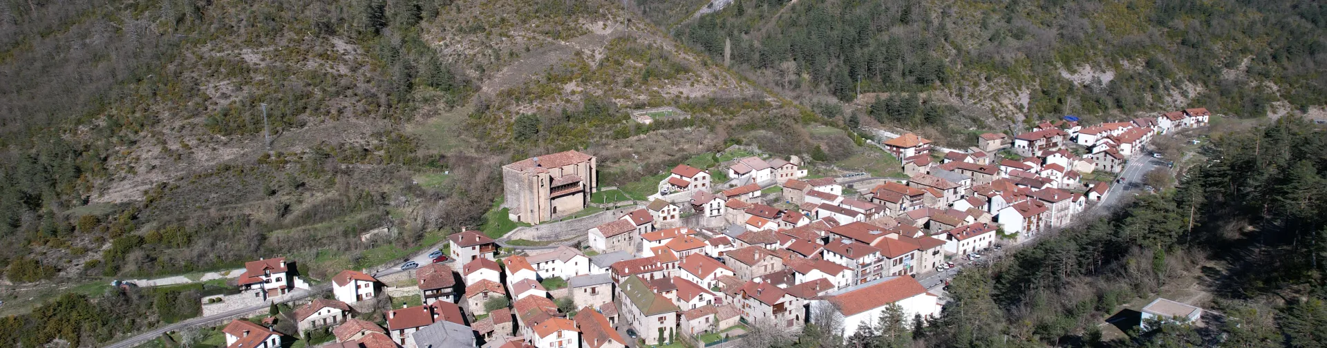 Vista aerea de Garde con casas de tejado rojo dispersas en valle pirenaico rodeado de bosque y montanas.