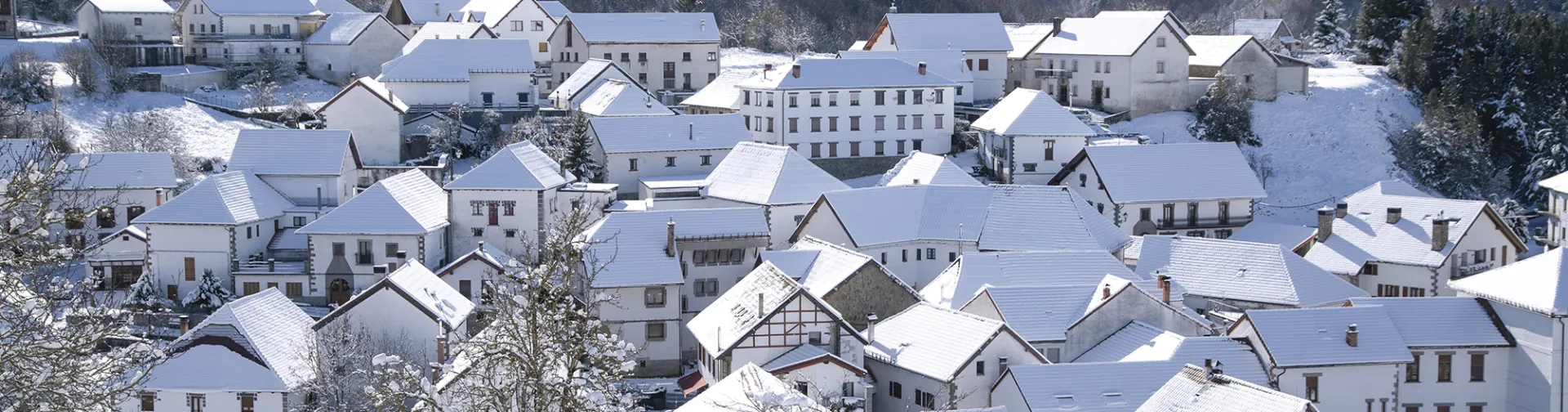 Vista panorámica de Jaurrieta en invierno con casas tradicionales nevadas y bosques en las montañas circundantes.