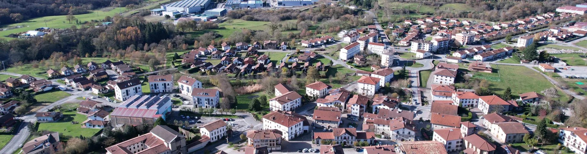 Vista aerea de Lekunberri con casas de tejado rojo, rodeado de bosques y montes al fondo.