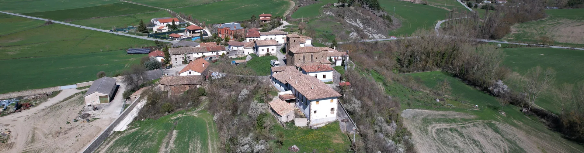 Vista aérea del pueblo de Longuida rodeado de prados verdes y montes.