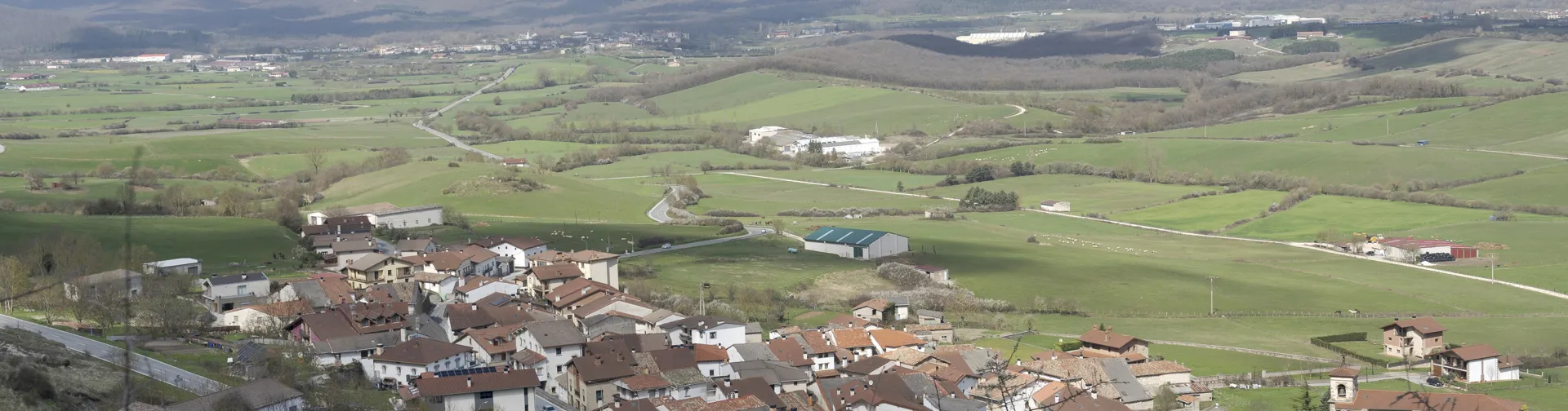Vista panorámica de Ergoiena con caseríos de tejados rojizos, prados verdes y montañas al fondo en Sakana.