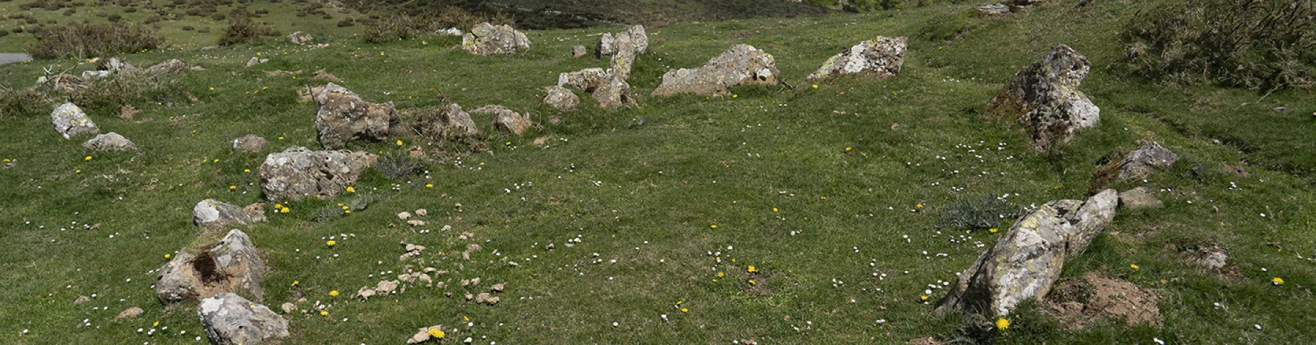 Cromlech de Aizpegi en Pirineo, círculo de piedras megalíticas sobre prado verde con montañas al fondo.