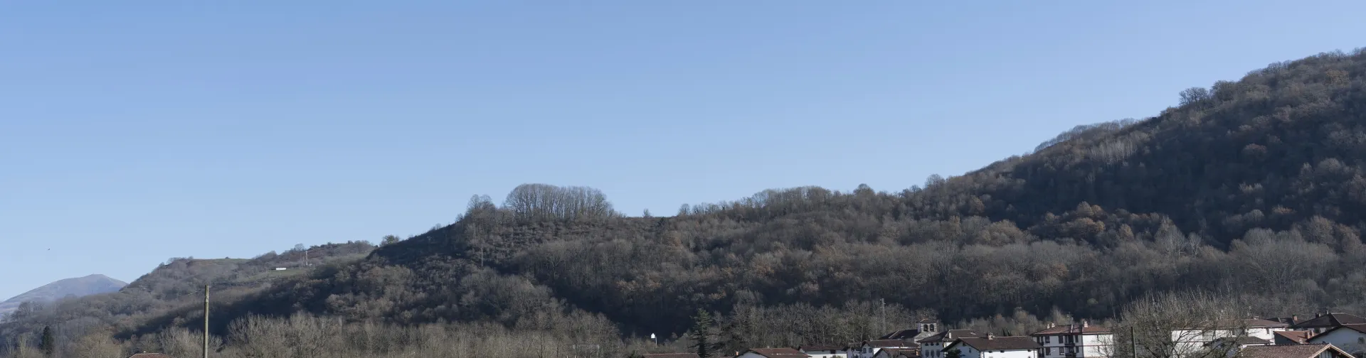 Panorámica de valle de Narbarte con casas dispersas, prados verdes y montañas boscosas.