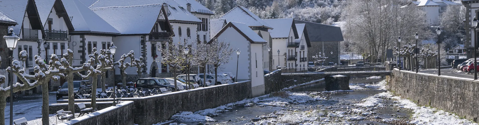Ochagavía nevada con río en primer plano, casas tradicionales y montaña boscosa al fondo bajo cielo despejado.