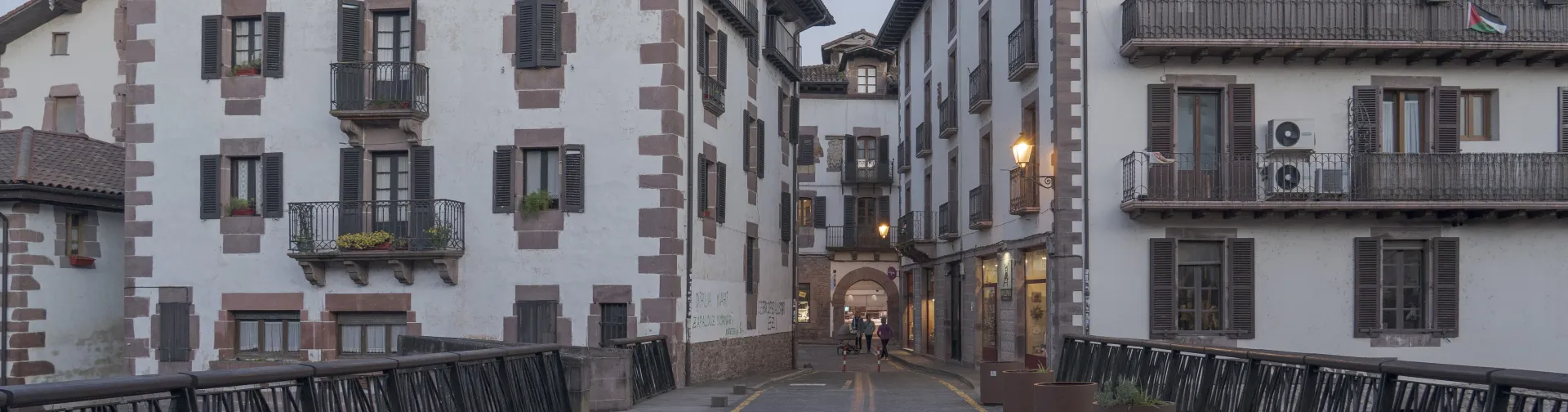 Conjunto de casas tradicionales vistas desde el punte sobre el rio en Elizondo.