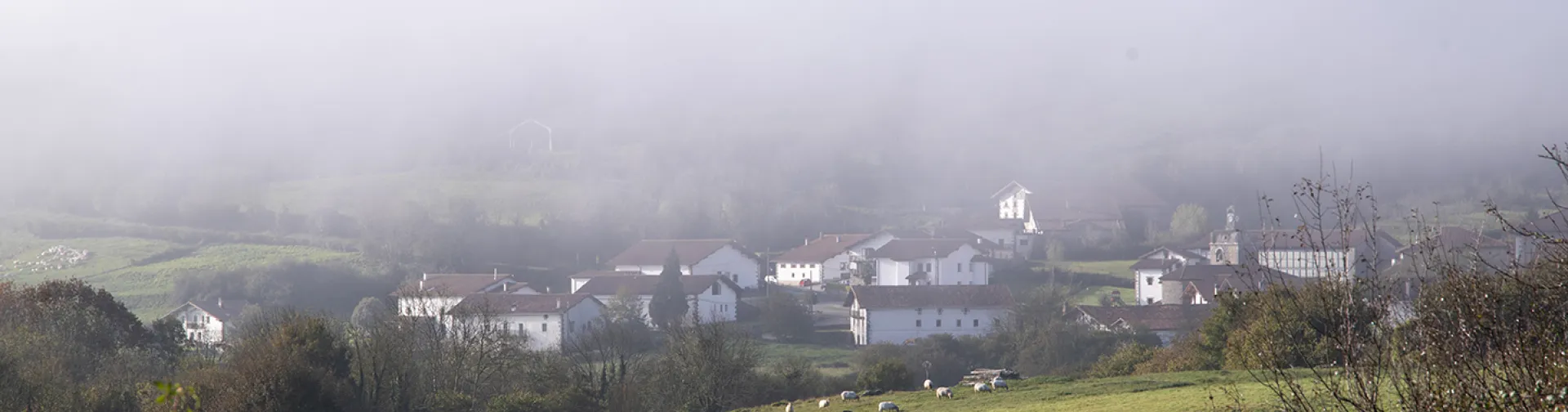Pueblo rural envuelto en niebla matutina, con caseríos dispersos entre prados y vegetación.