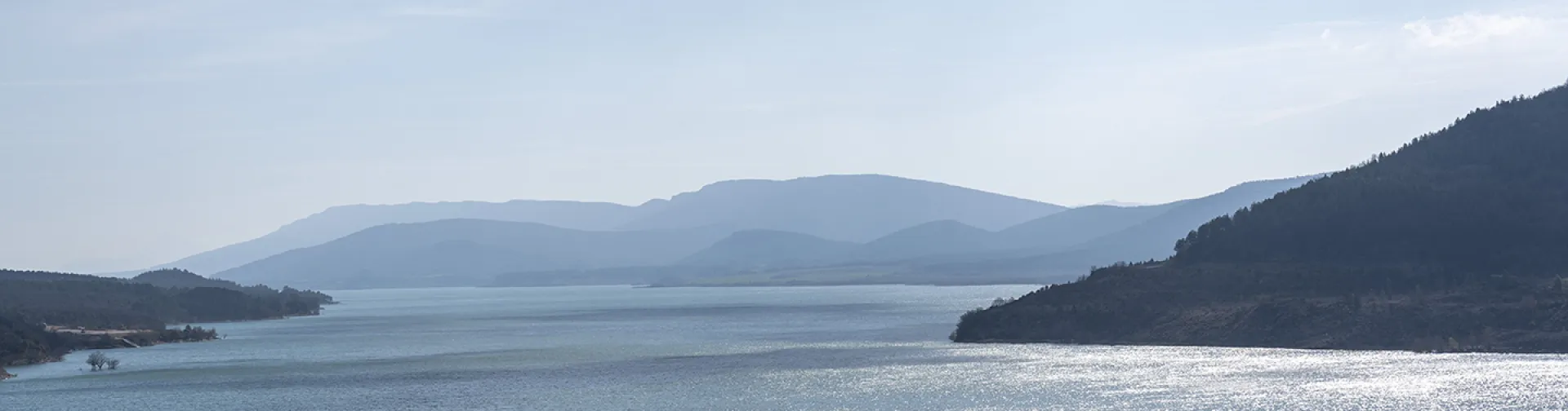 Panorámica del embalse de Yesa con montañas boscosas a ambos lados y cielo despejado.