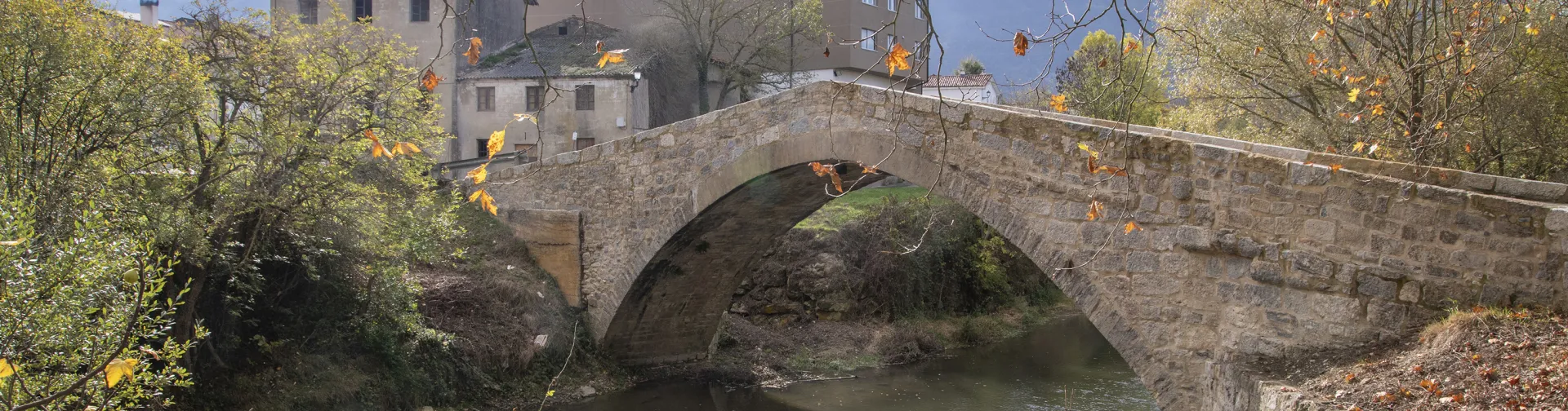 Puente de piedra medieval sobre río en Uharte Arakil con casas de piedra al fondo, rodeado de vegetación otoñal.
