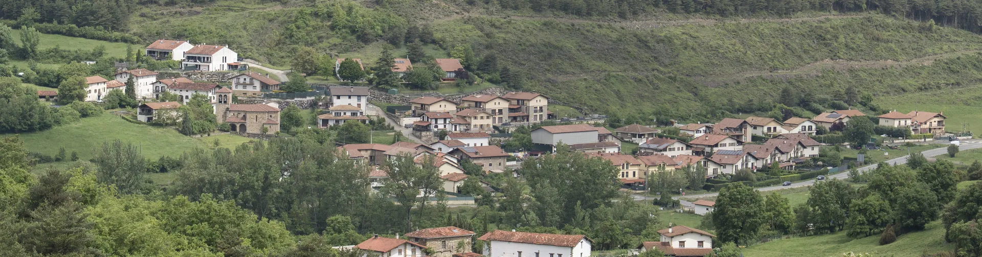 Vista general del pueblo de Urdaniz en el Pirineo navarro, con casas dispersas rodeadas de montes boscosos.