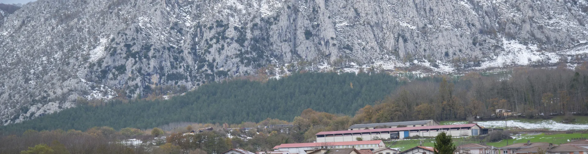 Pueblo de Ziordia con casas de tejado rojo frente a acantilados calcáreos nevados y bosque al fondo.