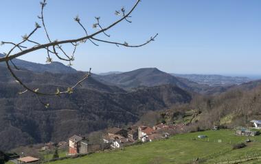 Vista aérea de pueblo de Arano en valle verde pirenaico rodeado de montes y prados verdes.