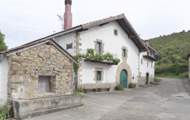 Conjunto de edificios tradicionales pirenaicos en Ardaitz rodeados de vegetación en ladera boscosa.