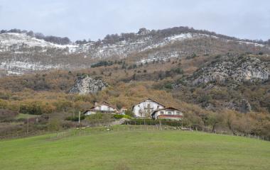 Casas tradicionales de piedra con tejados de teja roja en entorno de monte en Arakil