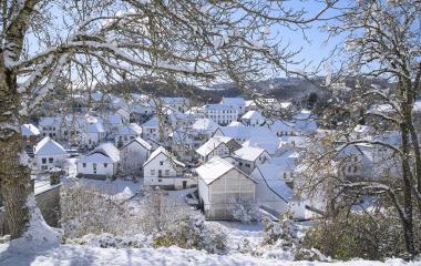 Pueblo nevado de Jaurrieta visto entre ramas de árboles en invierno, con casas blancas y montañas al fondo.
