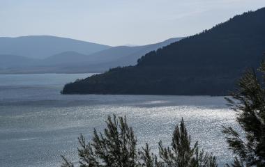 Embalse de Yesa con aguas turquesas y montañas boscosas al fondo.