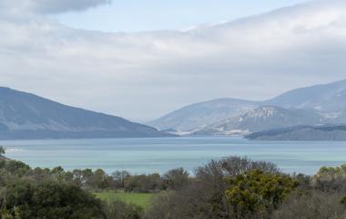 Esako urtegiaren panoramika. Atzealdean Pirinioetako mendiak daude, landaretza lehen planoan eta zerua lainotuta.