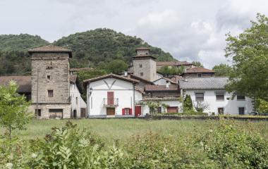 Conjunto casas en Uriz con torres de piedra, casas blancas y vegetación de prado en primer plano, Pirineo de Navarra.
