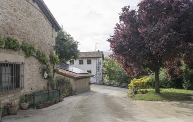 Calle con conjunto de casas de piedra en Zabaldika, con vegetacion y arboles alrededor.