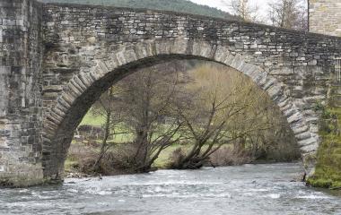 Arco del puente de piedra románico sobre río en Zubiri.